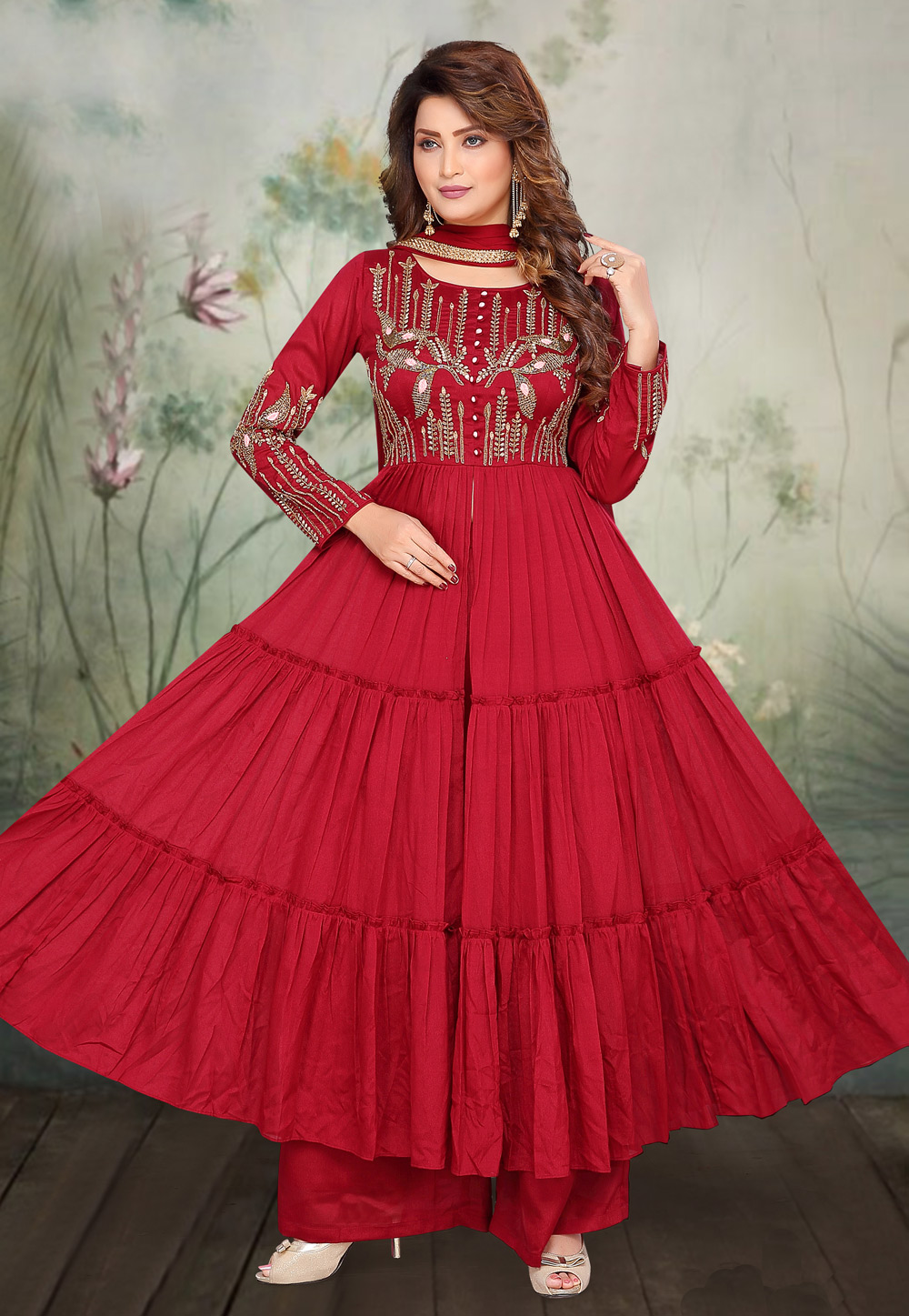 Red Chinon Readymade Kameez With Palazzo 208327