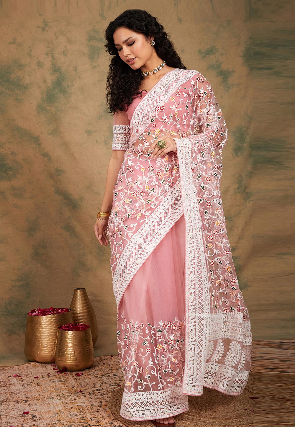 Pink Net Saree With Blouse 277651