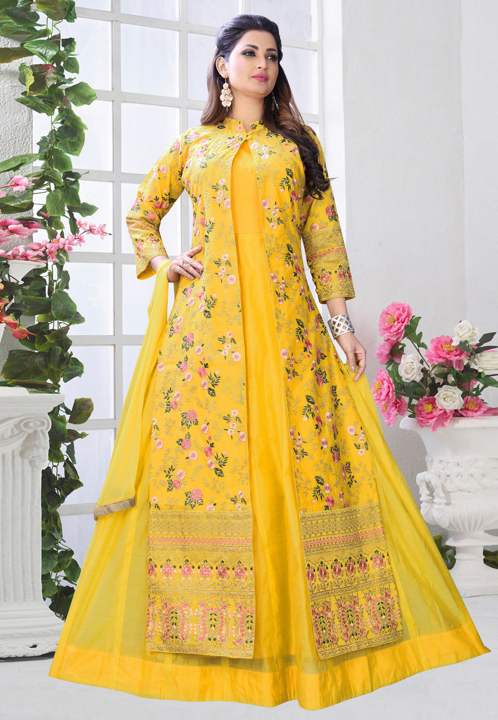 Yellow Silk Readymade Jacket Style Anarkali Suit 156768