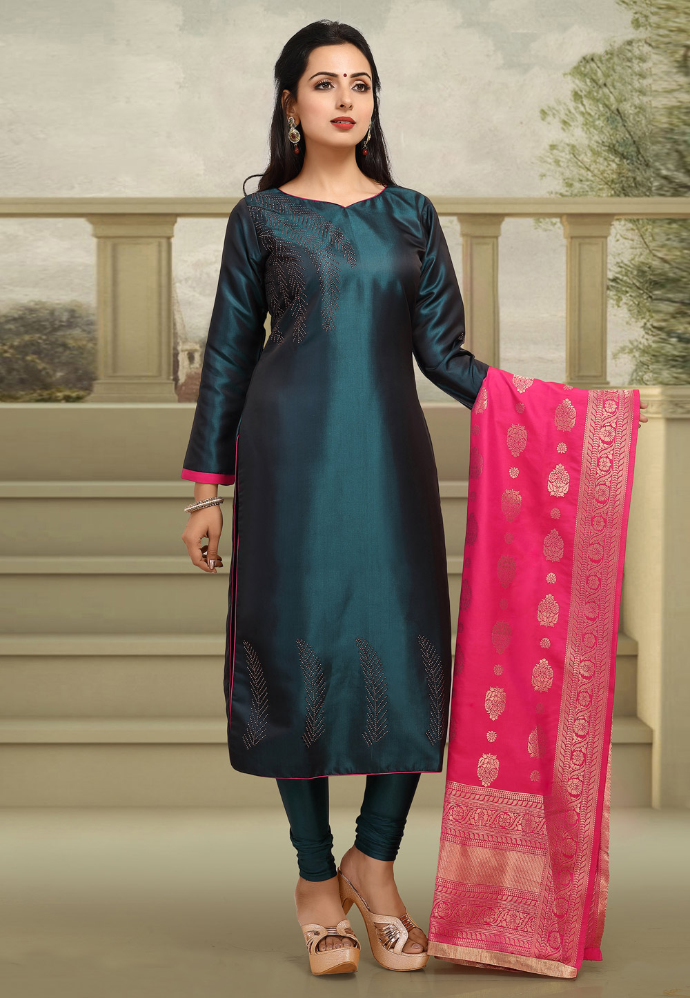 Teal Blue Cotton Silk Readymade Churidar Suit 156522