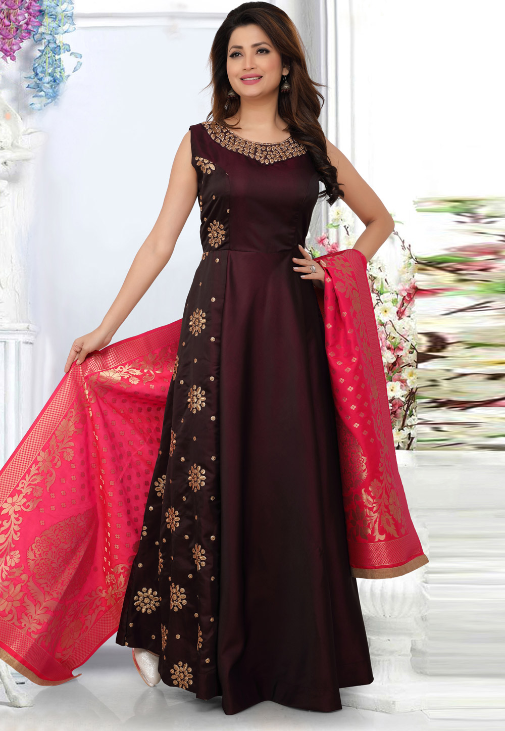 Wine Silk Readymade Long Anarkali Suit 156739