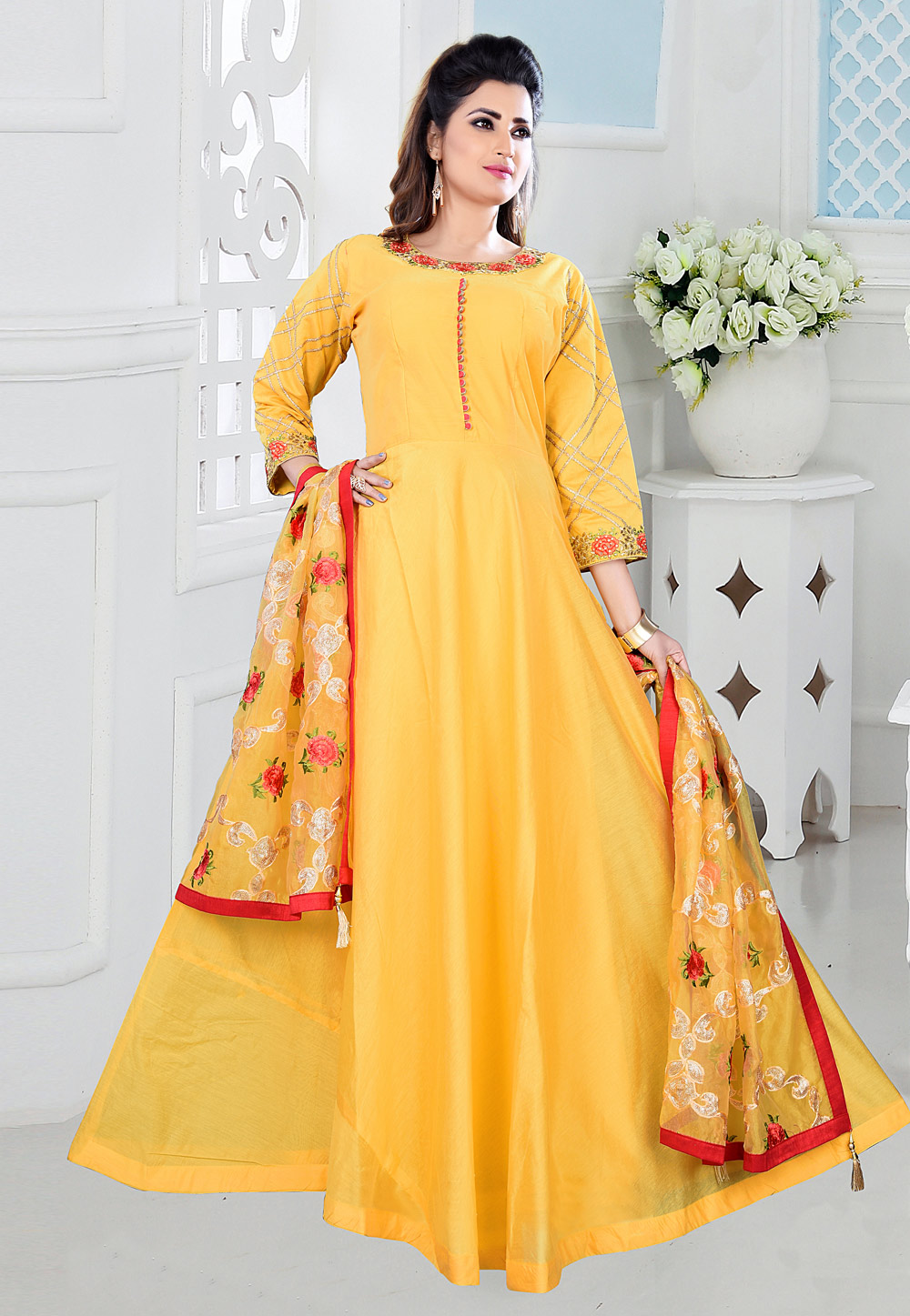 Yellow Silk Readymade Floor Length Anarkali Suit 157173