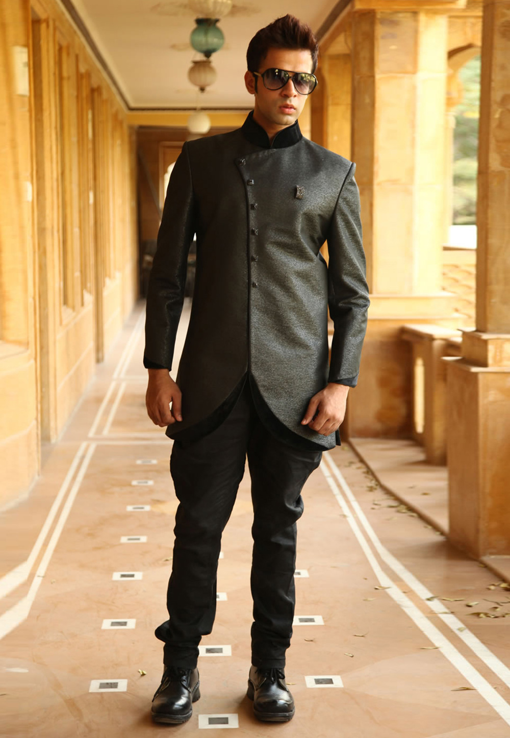 Black Brocade Readymade Jodhpuri Suit 204379