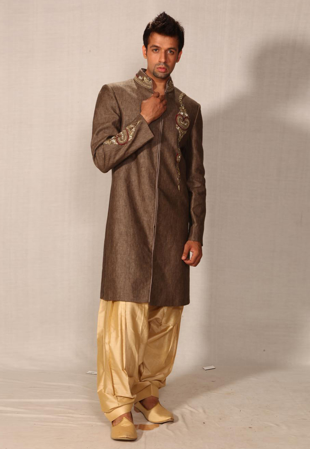 Brown Linen Readymade Indo Western Suit 204387