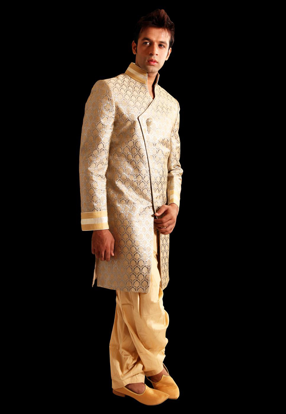 Golden Brocade Readymade Indo Western Suit 204392