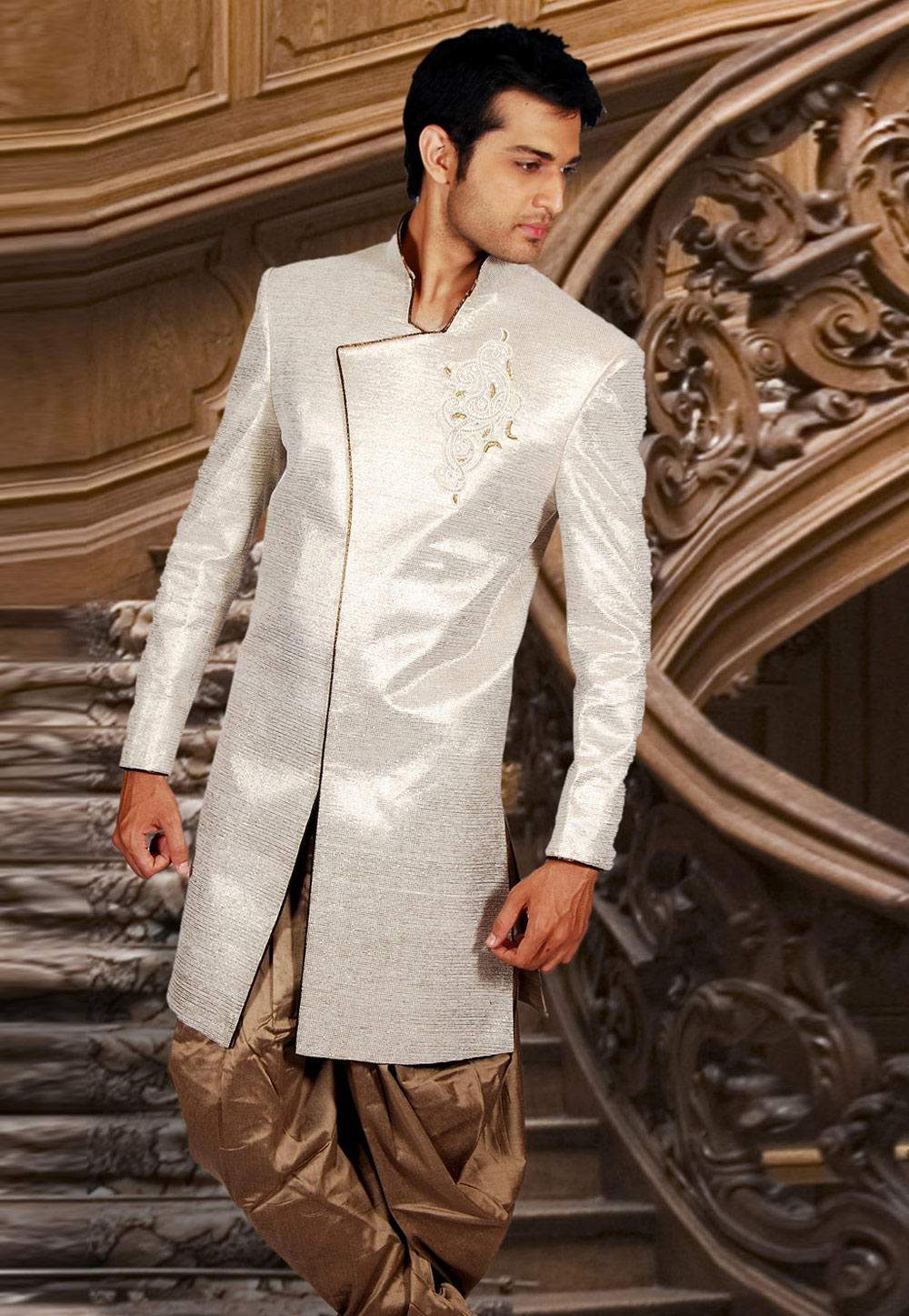 Beige Silk Readymade Indo Western Suit 204399