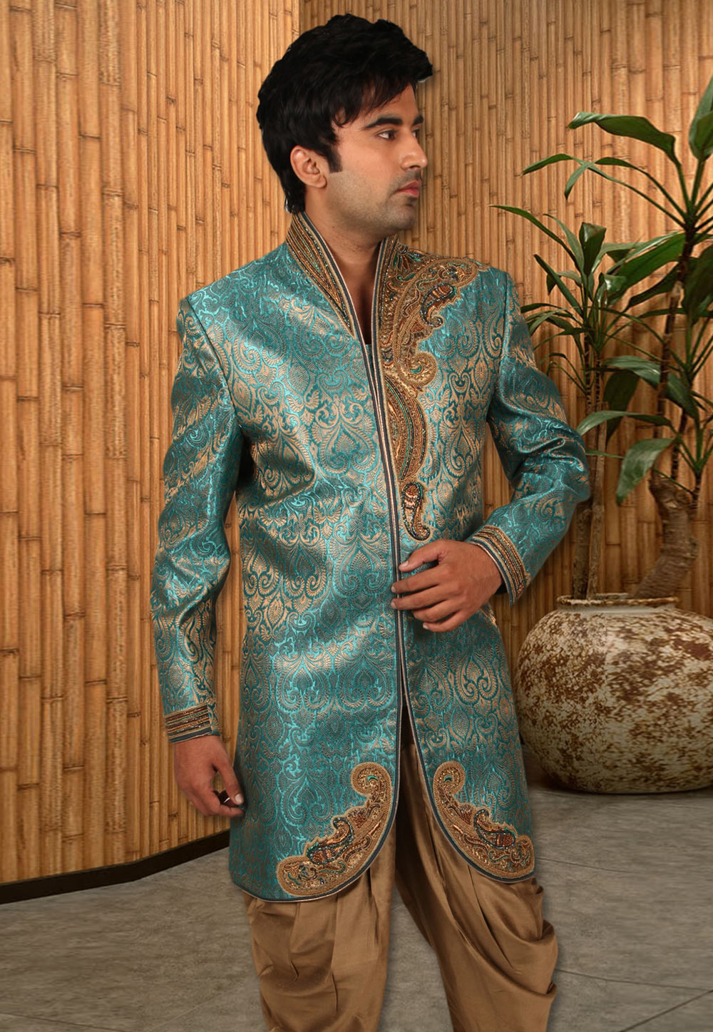 Turquoise Silk Readymade Indo Western Suit 204401