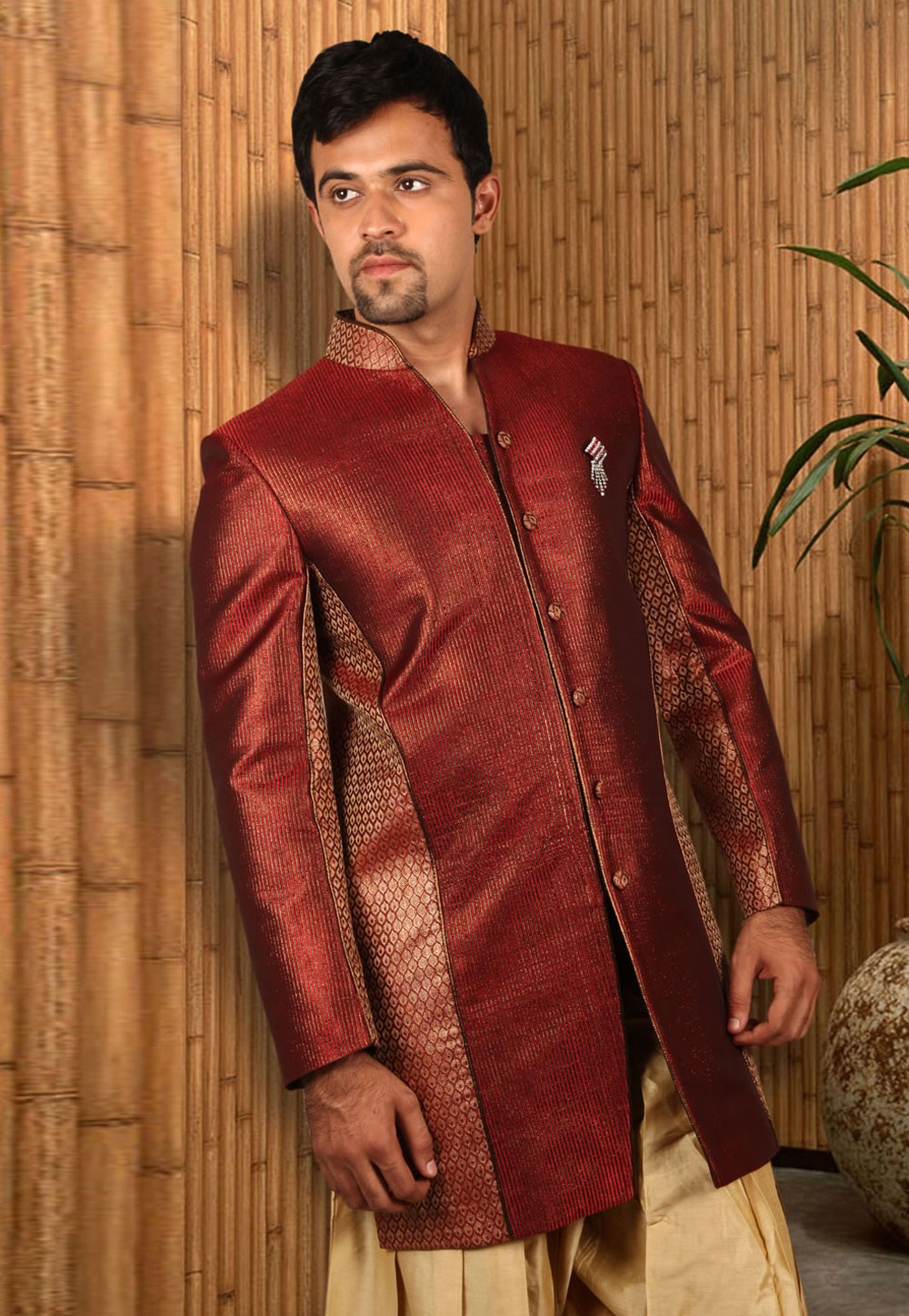 Maroon Brocade Readymade Indo Western Suit 204404
