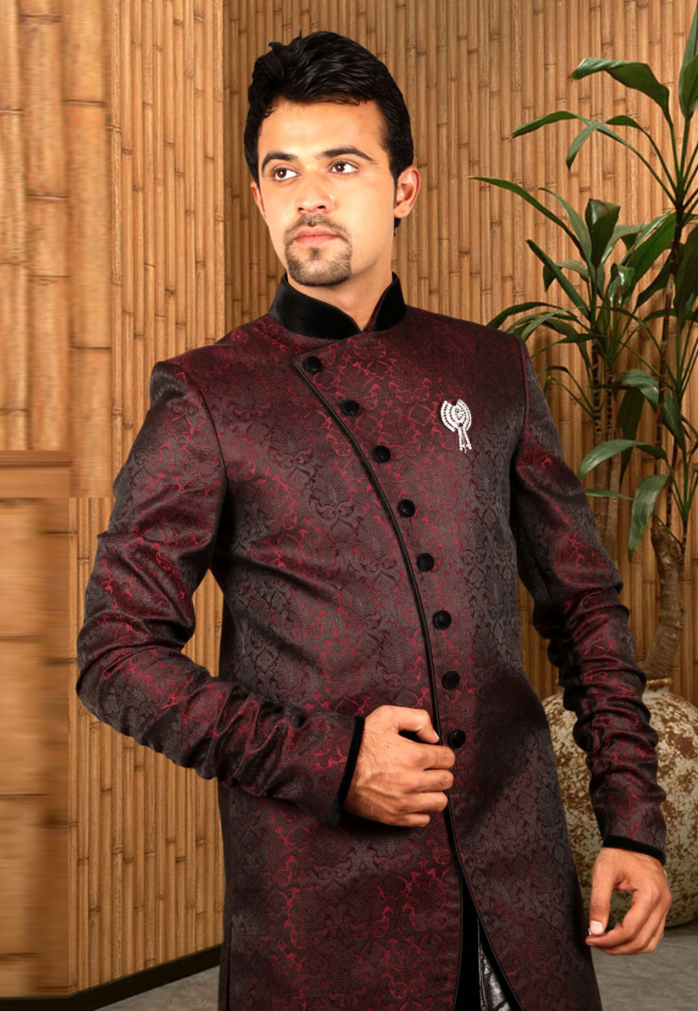 Maroon Dupion Readymade Indo Western Suit 204406