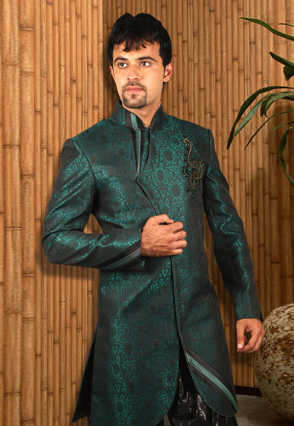 Green Silk Readymade Jodhpuri Suit 204411