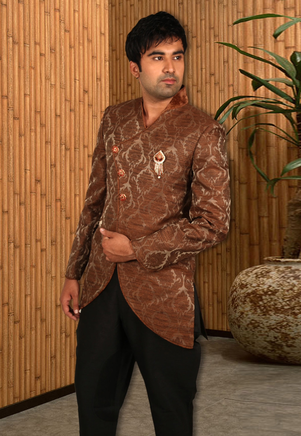 Brown Silk Readymade Jodhpuri Suit 204413
