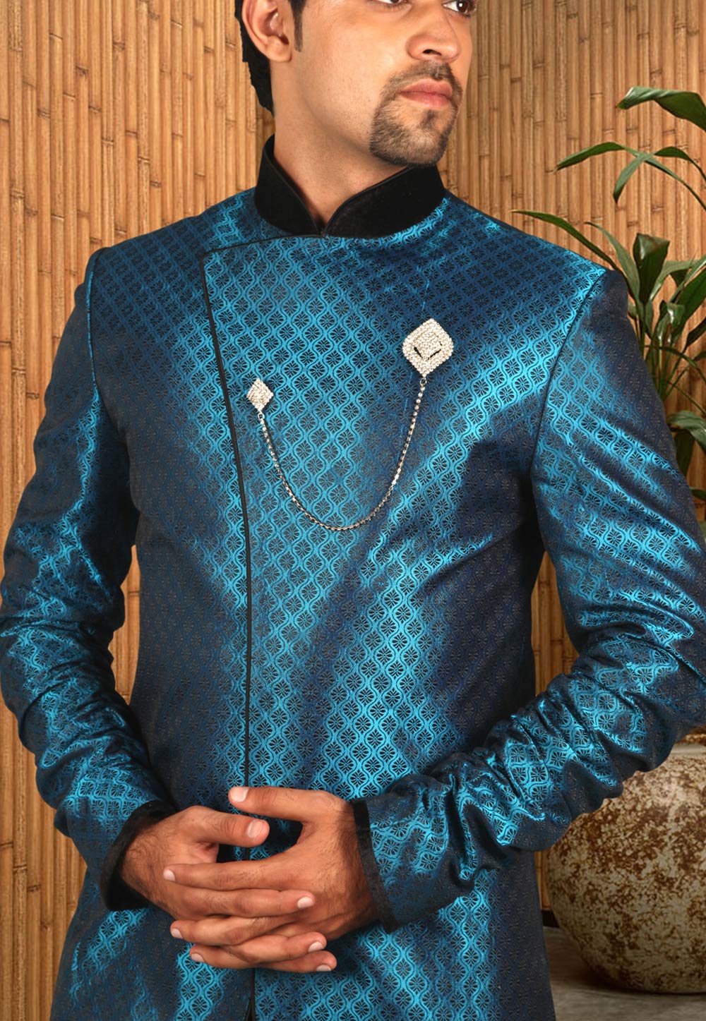 Blue Brocade Readymade Jodhpuri Suit 204415