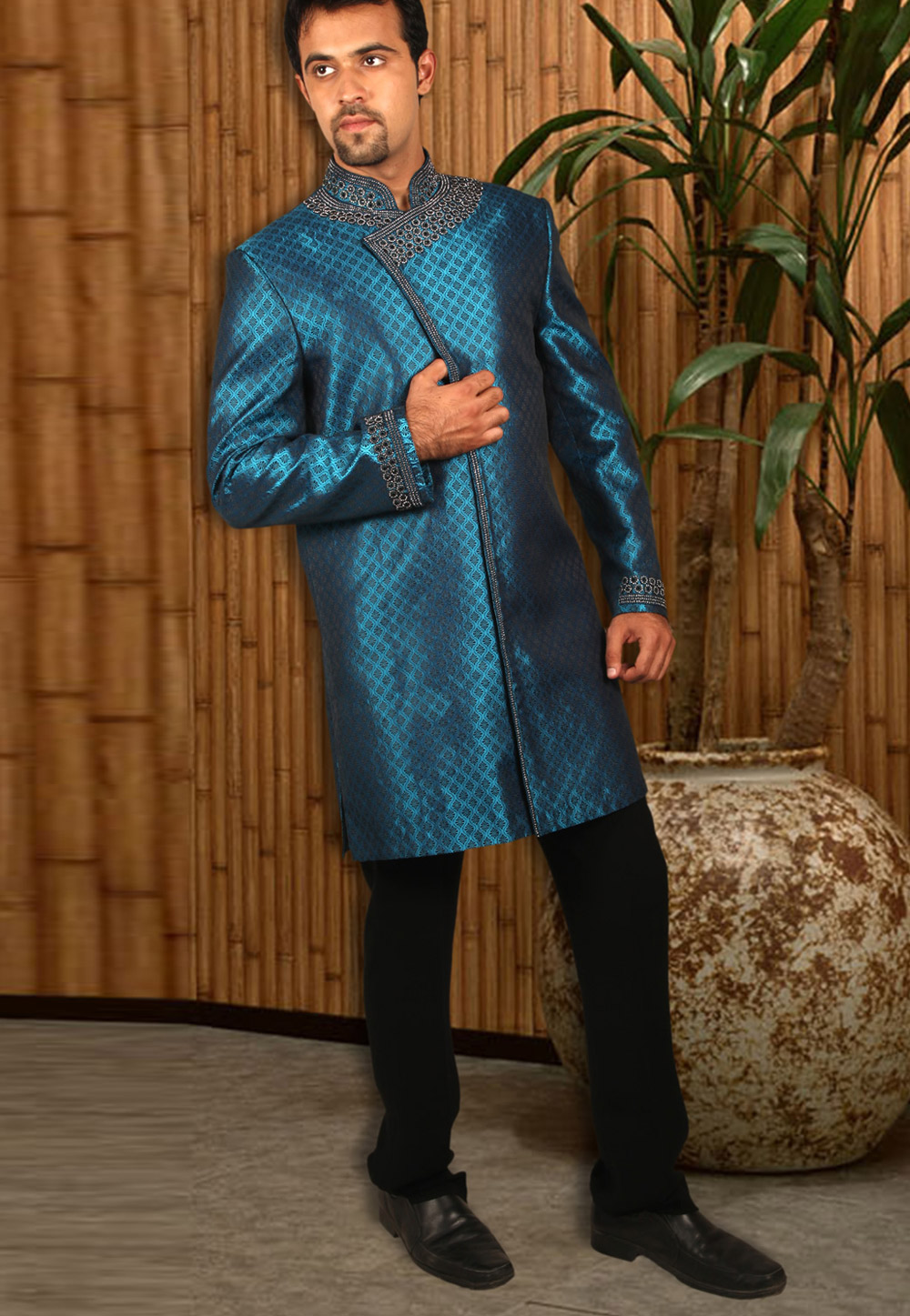 Blue Brocade Readymade Jodhpuri Suit 204417