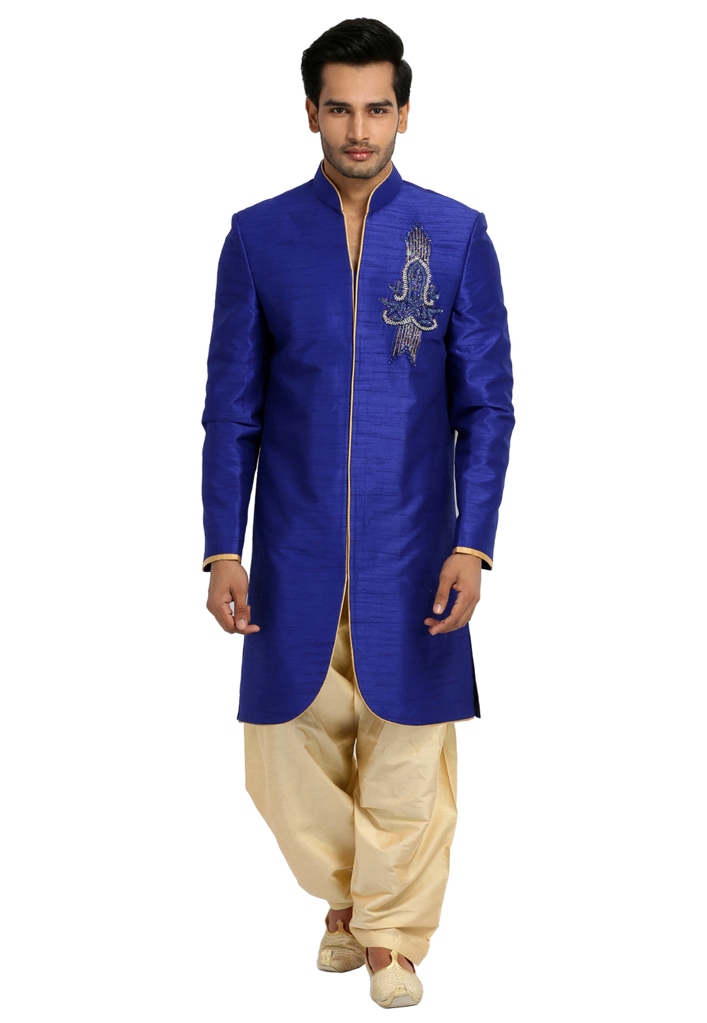 Blue Raw Silk Readymade Indo Western Suit 204418