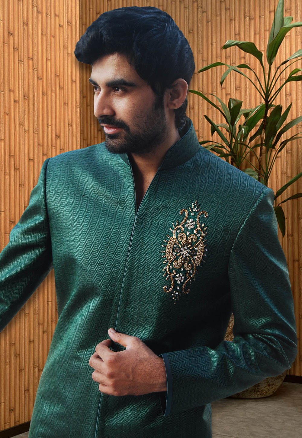 Green Art Silk Readymade Indo Western Suit 204419
