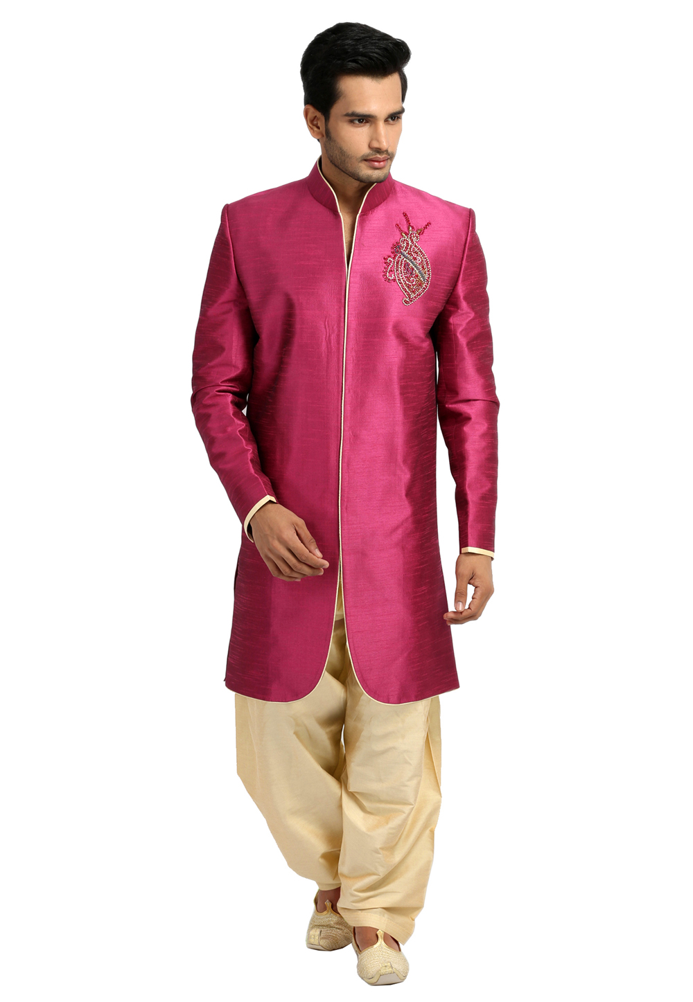 Pink Raw Silk Readymade Indo Western Suit 204420