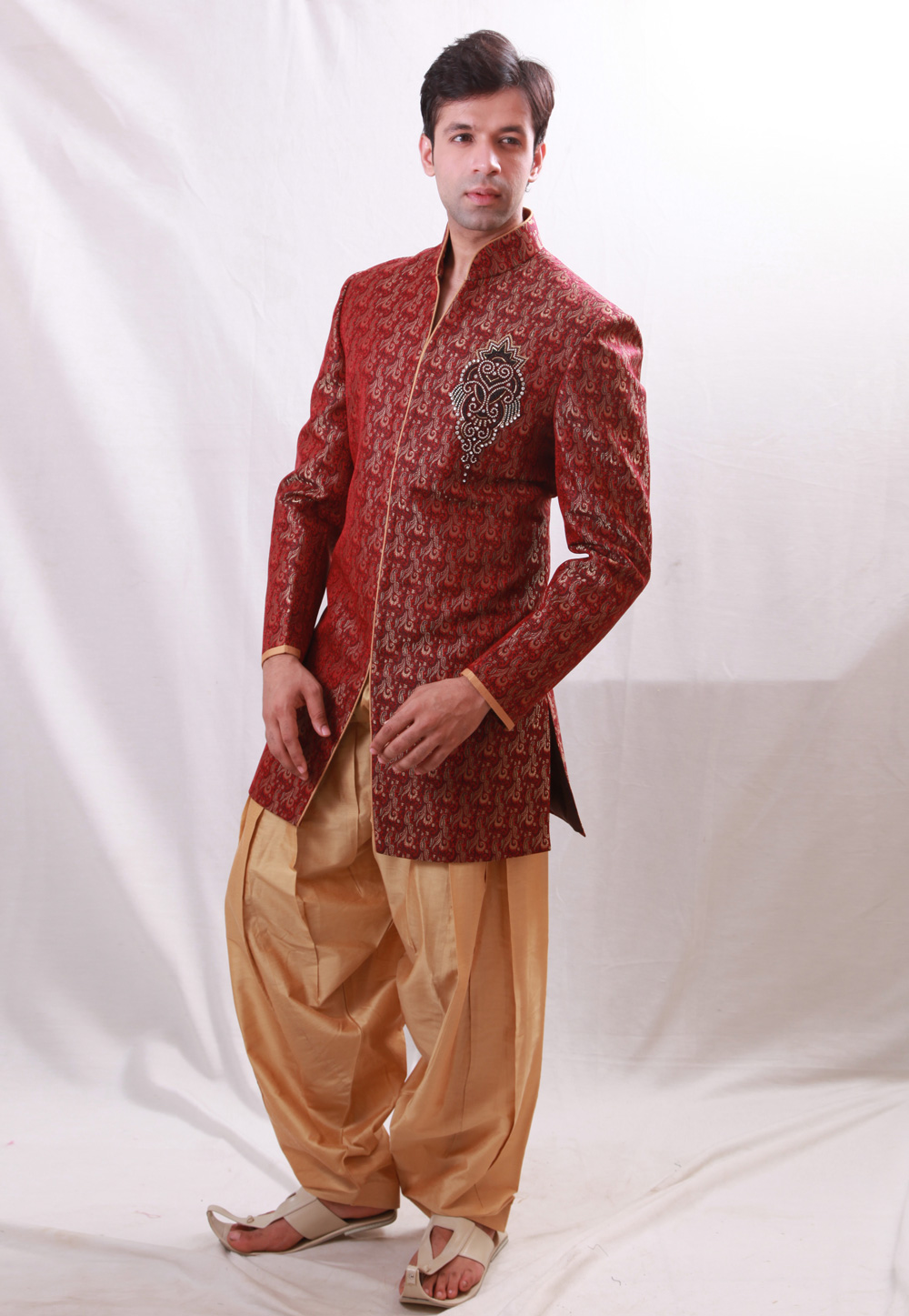 Maroon Brocade Readymade Indo Western Suit 204446