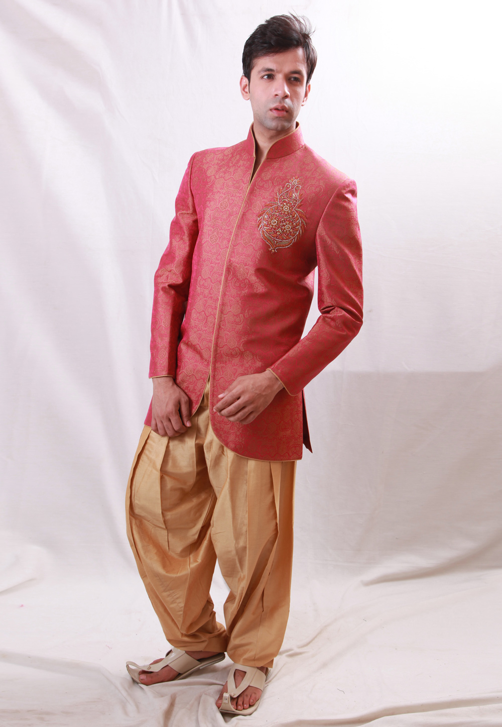 Pink Brocade Readymade Indo Western Suit 204447