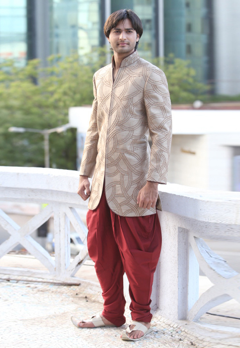Beige Art Silk Readymade Indo Western Suit 204459