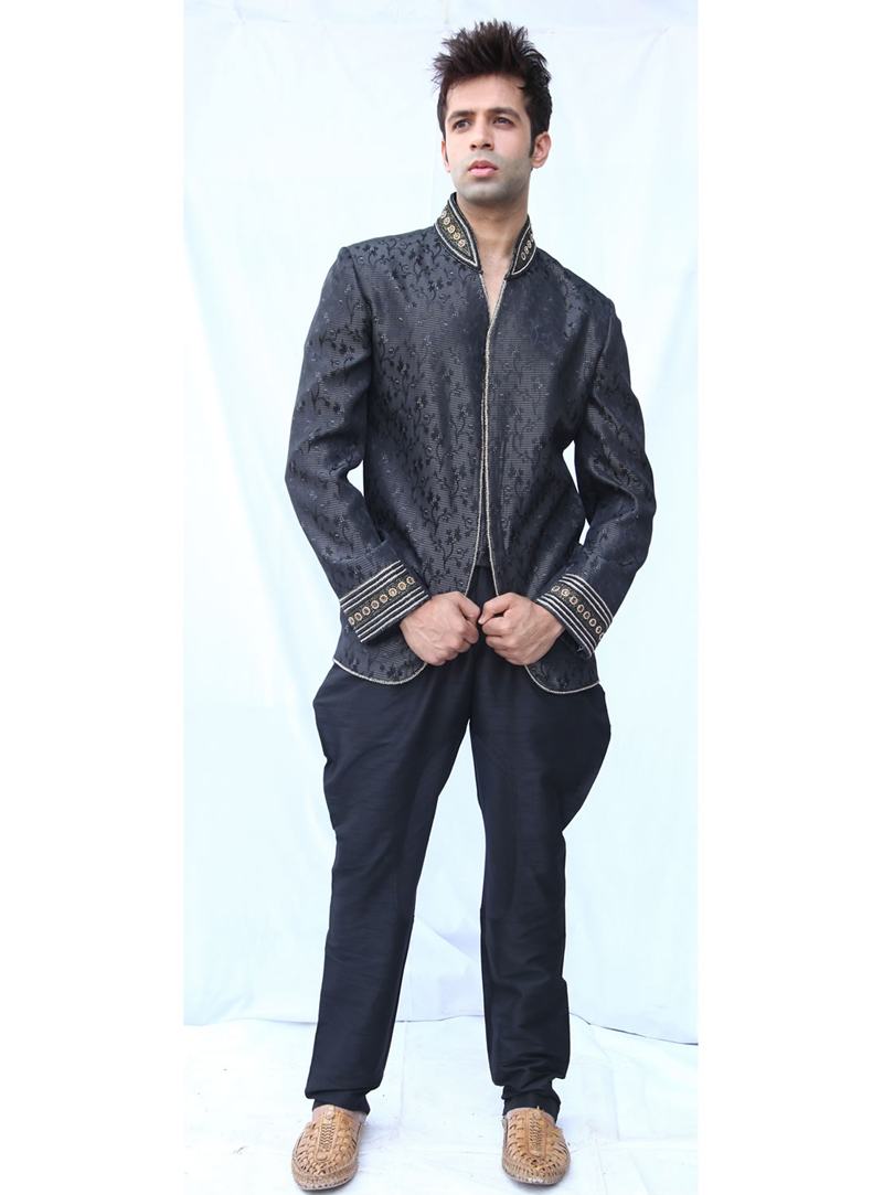 Grey Satin Jodhpuri Suit 128028