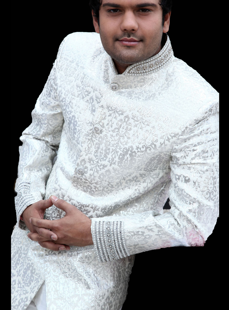 White Silk Jodhpuri Suit 128029