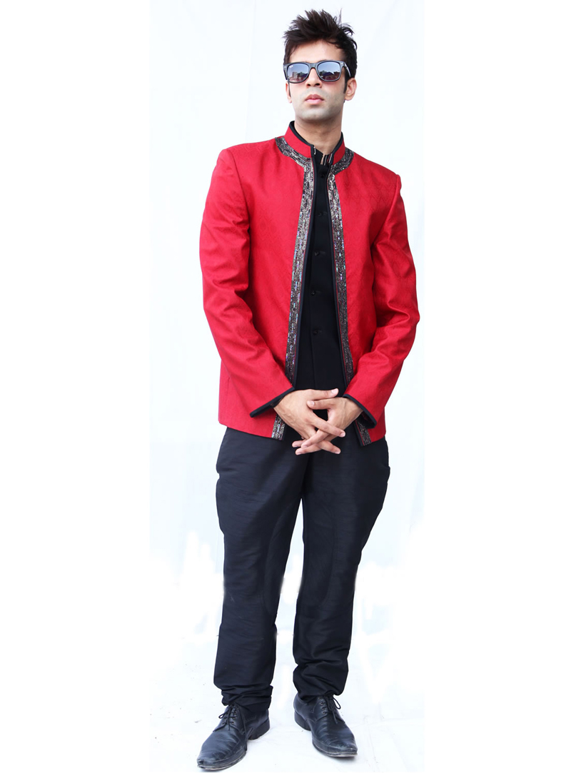 Red Brocade Jodhpuri Suit 128030