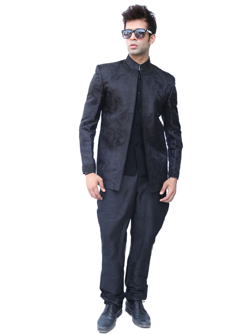 Black Brocade Jodhpuri Suit 128031