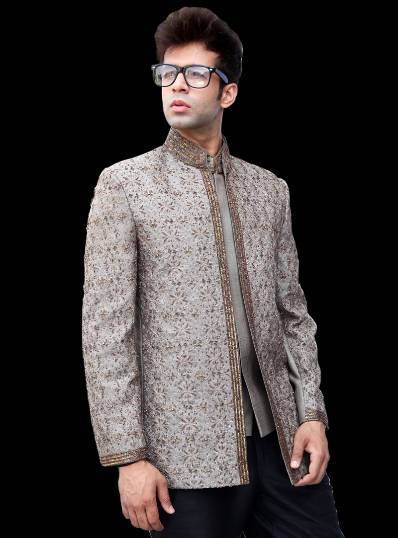 Grey Silk Jodhpuri Suit 128032