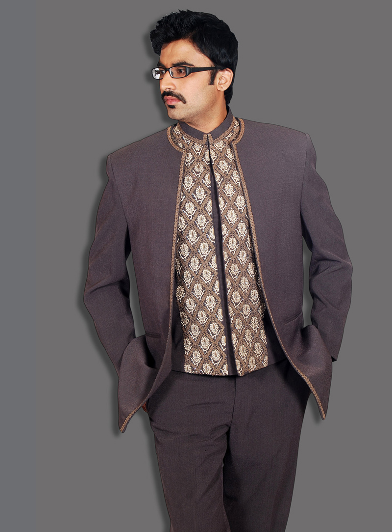 Grey Satin Jodhpuri Suit 128038