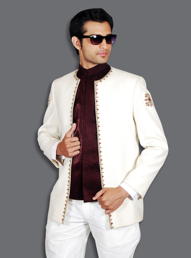 White Satin Jodhpuri Suit 128039