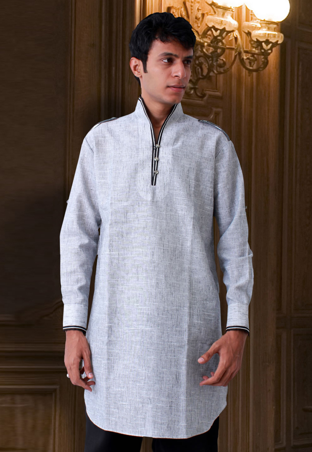 Grey Linen Readymade Kurta Pajama 203536