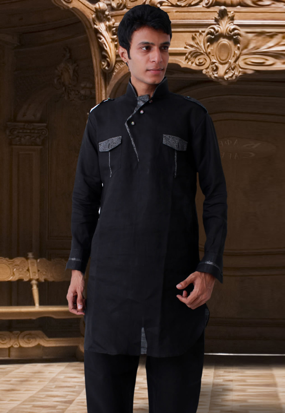 Black Linen Readymade Kurta Pajama 203538