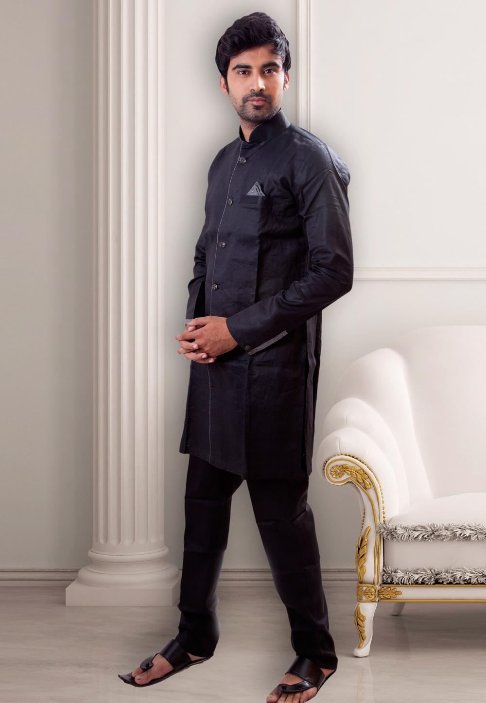 Black Linen Readymade Pathani Suit 203541