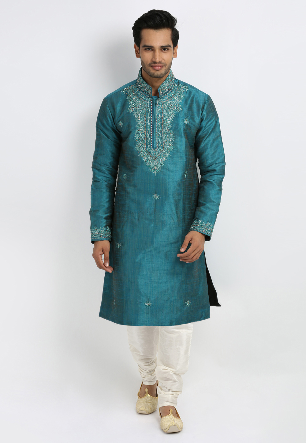 Turquoise Art Silk Readymade Kurta Pajama 203651
