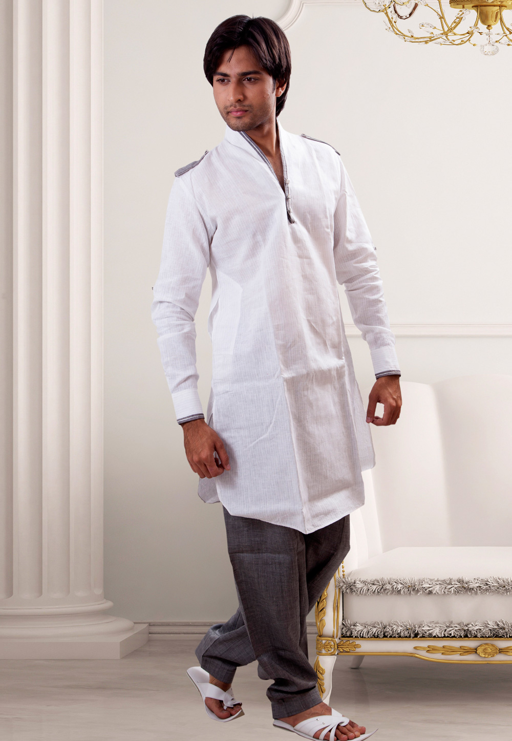 White Linen Readymade Pathani Suit 203656