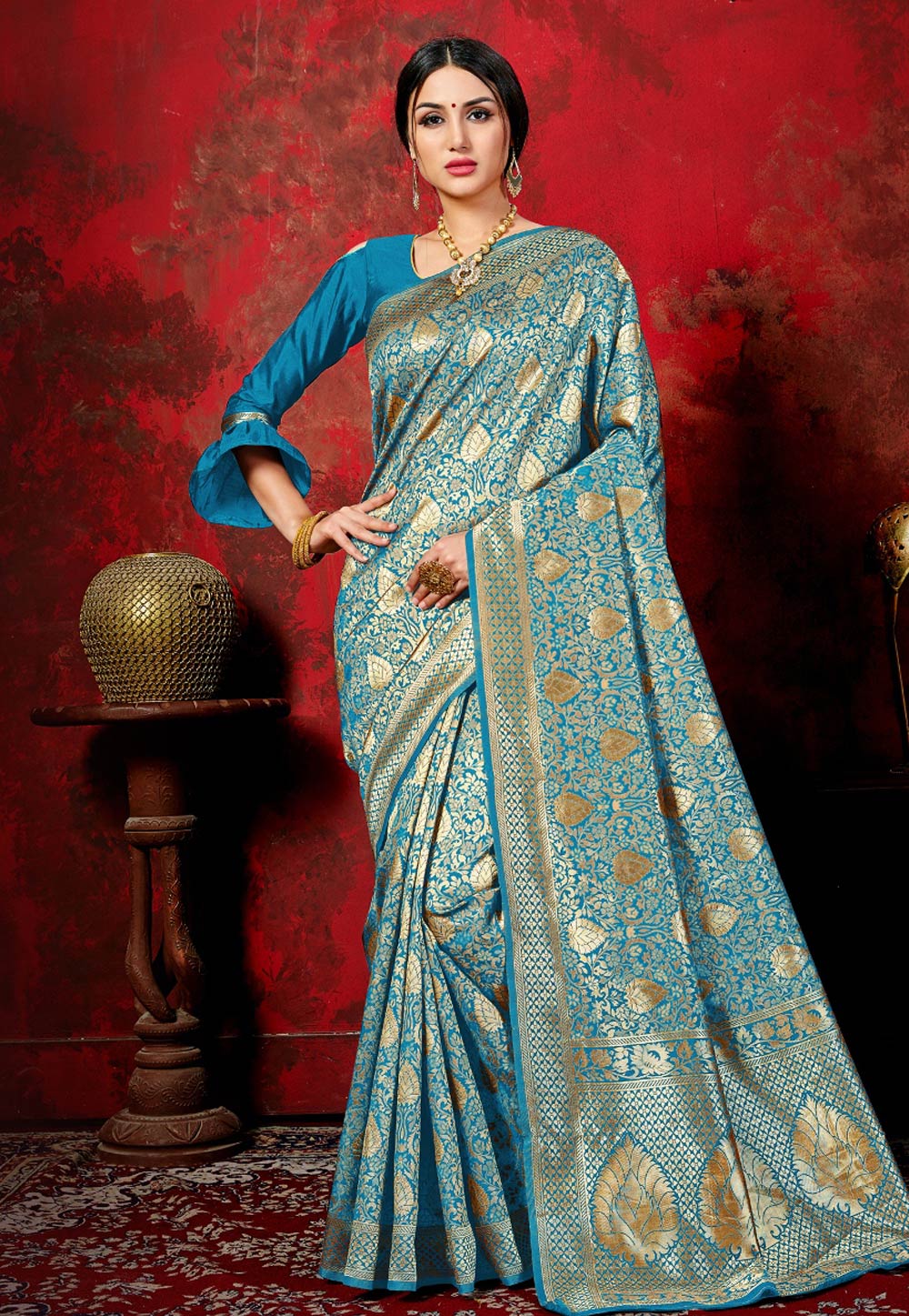 Aqua Blue Banarasi Silk Festival Wear Saree With Frill Sleeve 167150