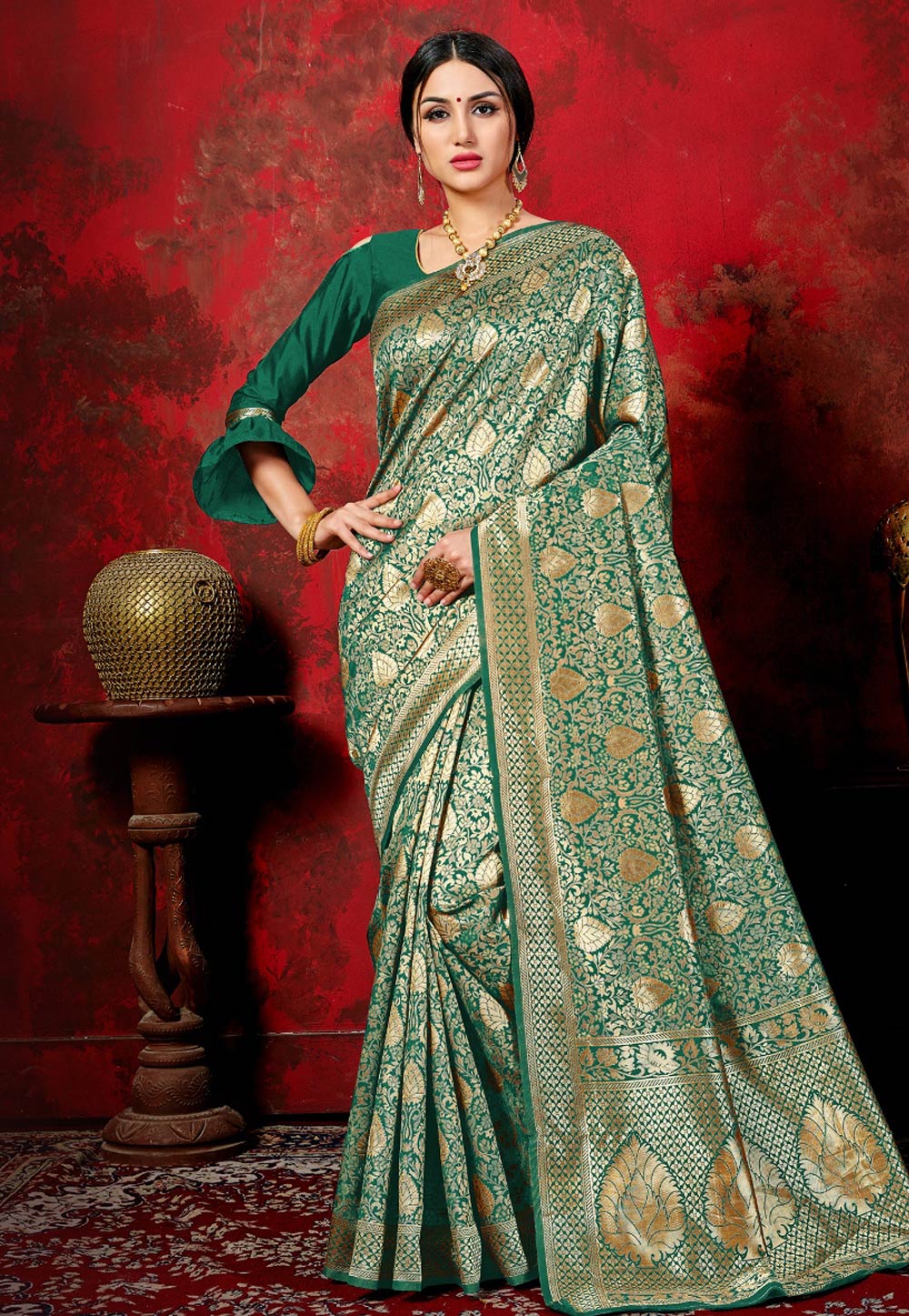 Green Banarasi Silk Festival Wear Saree With Frill Sleeve 167151