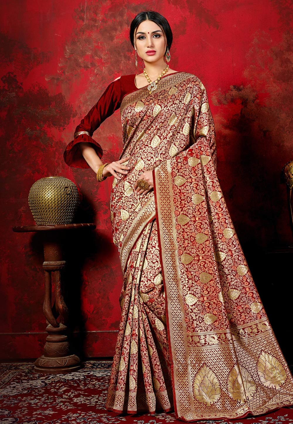 Maroon Banarasi Silk Festival Wear Saree With Frill Sleeve 167152