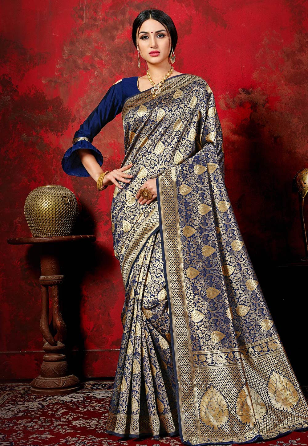 Blue Banarasi Silk Festival Wear Saree With Frill Sleeve 167153