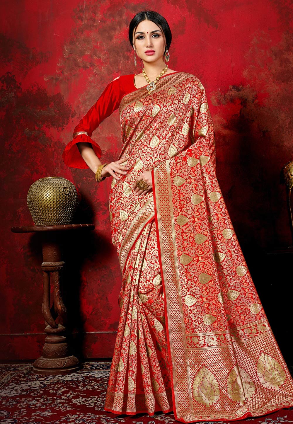 Red Banarasi Silk Festival Wear Saree With Frill Sleeve 167155