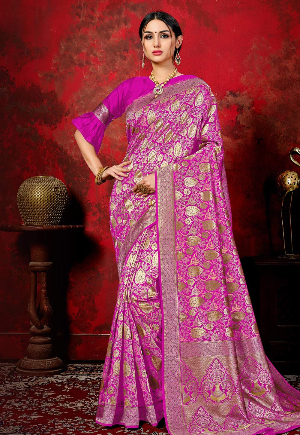 Magenta Banarasi Silk Festival Wear Saree With Frill Sleeve 167160
