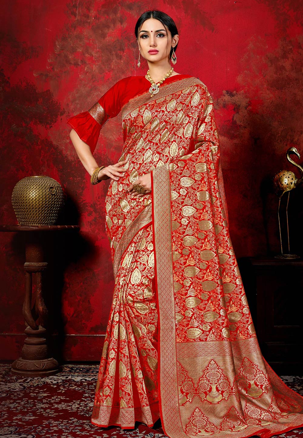 Red Banarasi Silk Festival Wear Saree With Frill Sleeve 167161