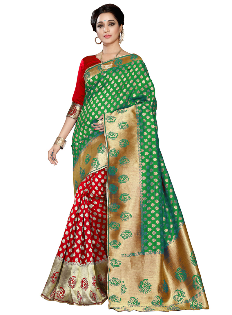 Green Banarasi Silk Half N Half Saree 116278