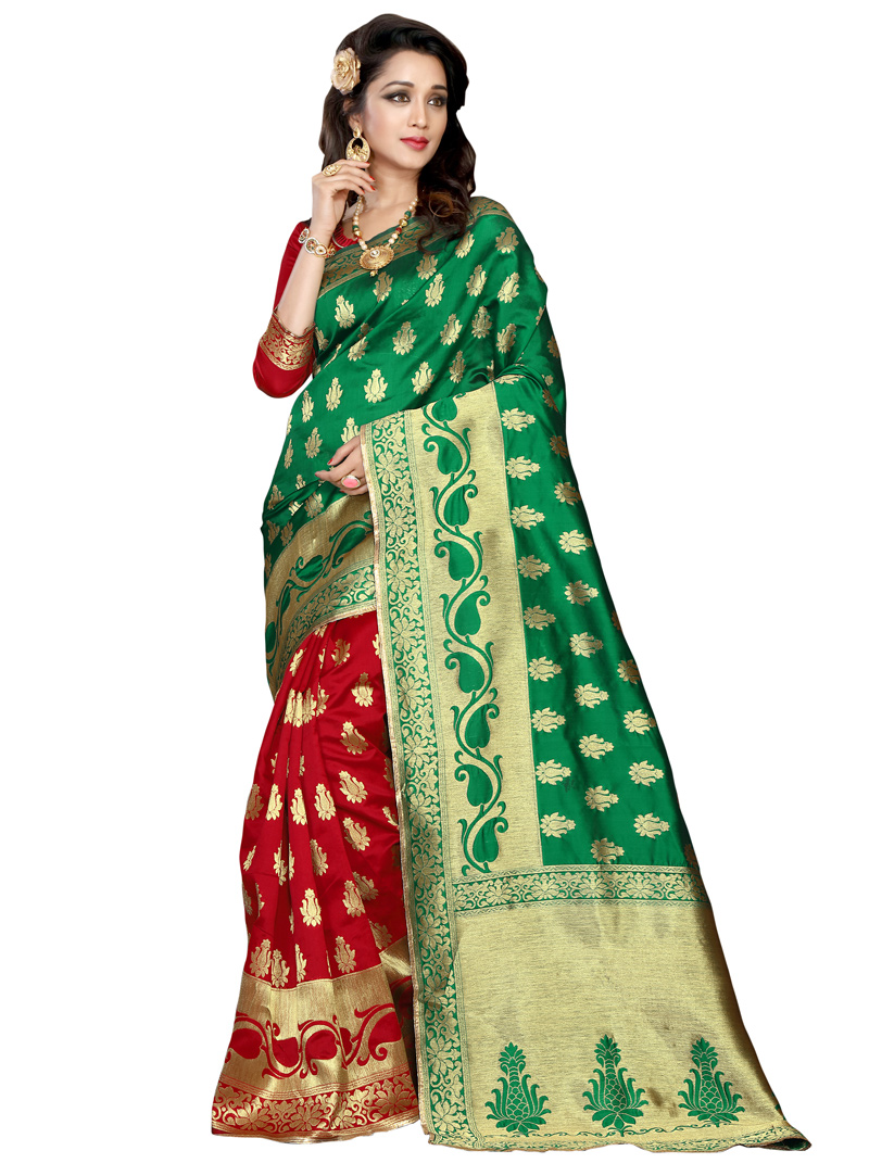 Green Banarasi Silk Half N Half Saree 116282