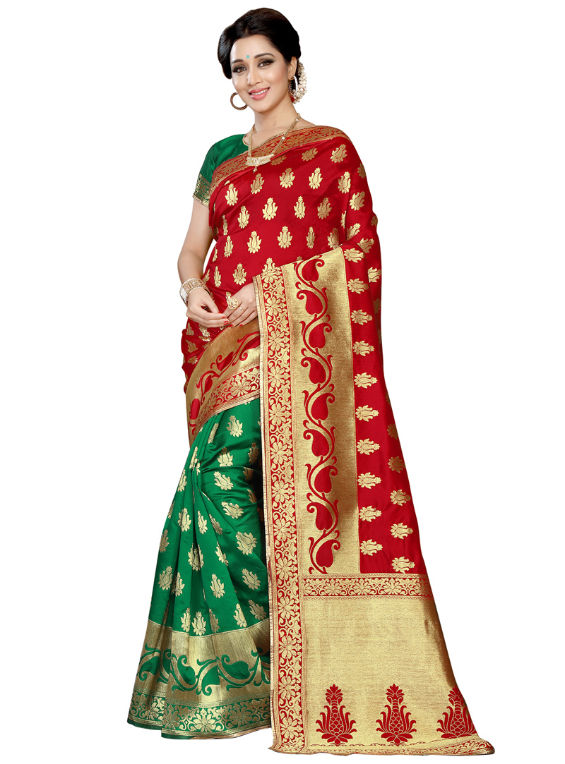 Red Banarasi Silk Half N Half Saree 116284