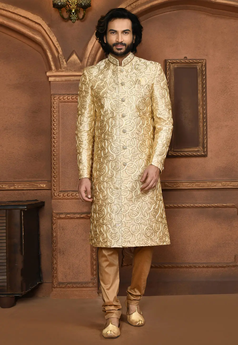 Beige Art Silk Achkan Style Sherwani 295445