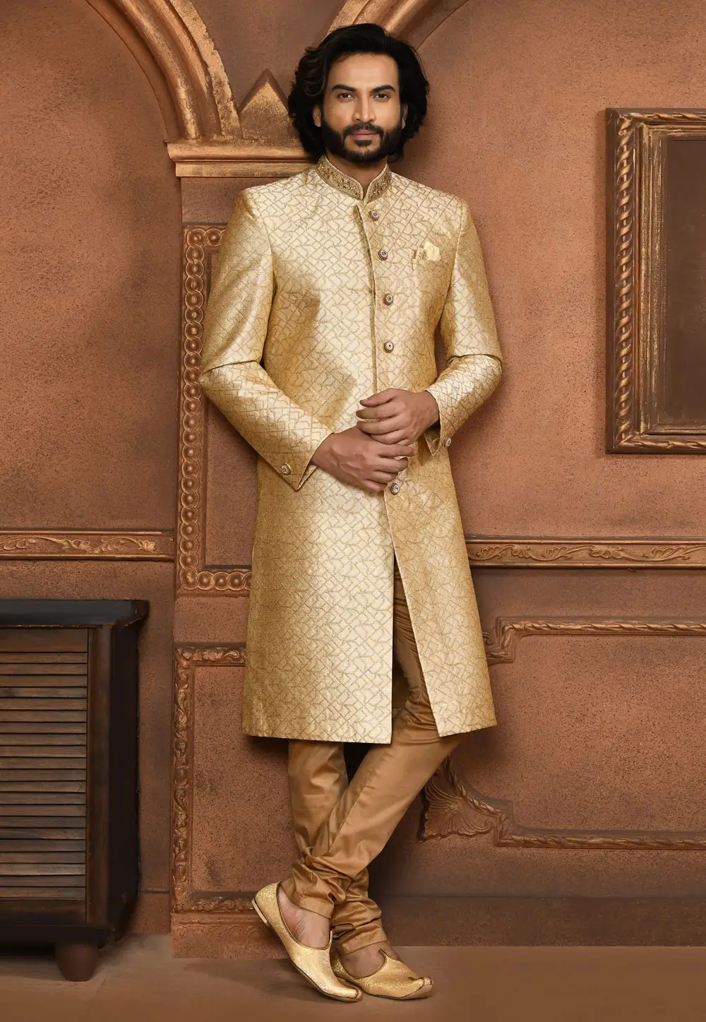 Beige Art Silk Achkan Style Sherwani 295446