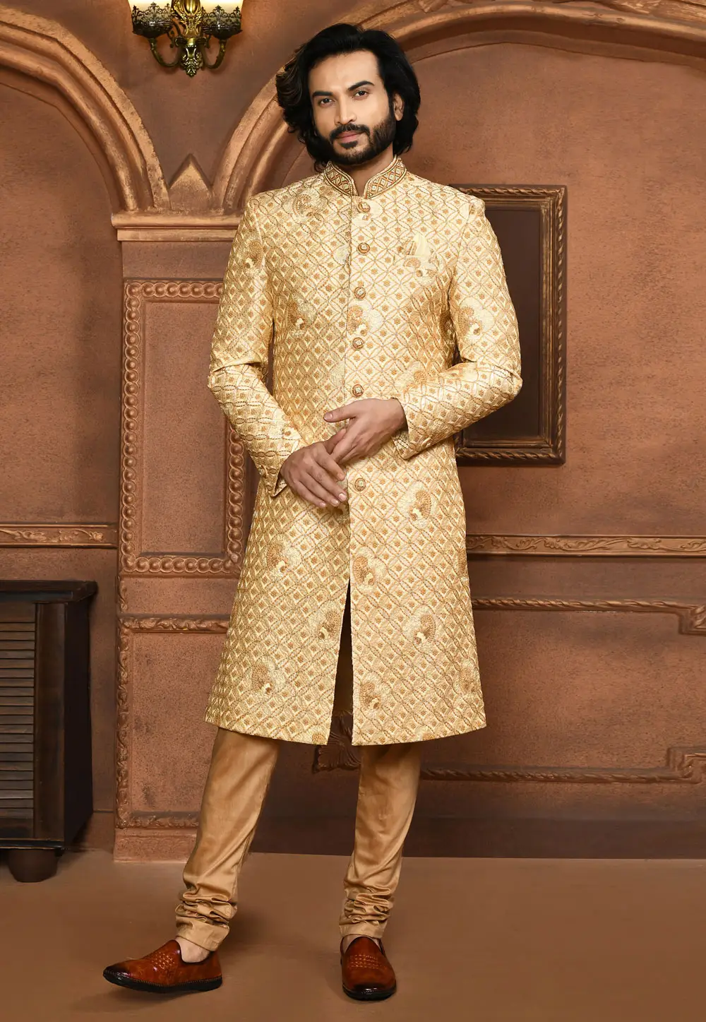 Beige Art Silk Achkan Style Sherwani 295449