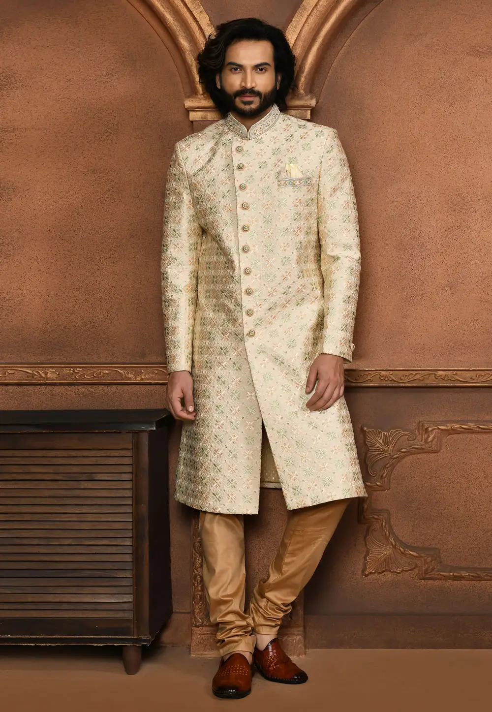 Beige Art Silk Achkan Style Sherwani 295450