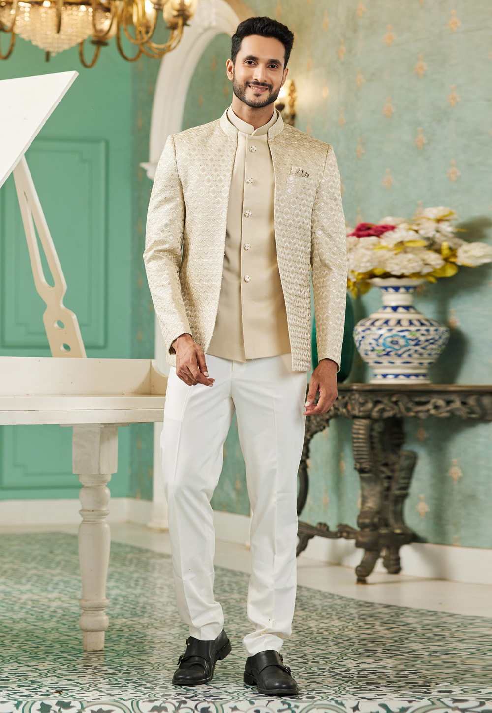 Buy Lemon Color Jacquard Jodhpuri Suit Online - Mohanlal Sons